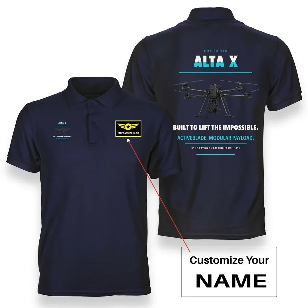Freefly Alta X design on navy blue polo with custom name badge