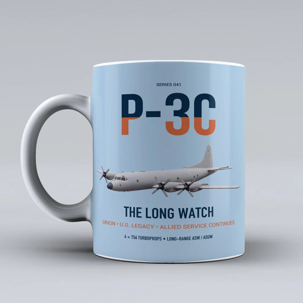 P-3C Orion design on light blue ceramic mug, double-side print