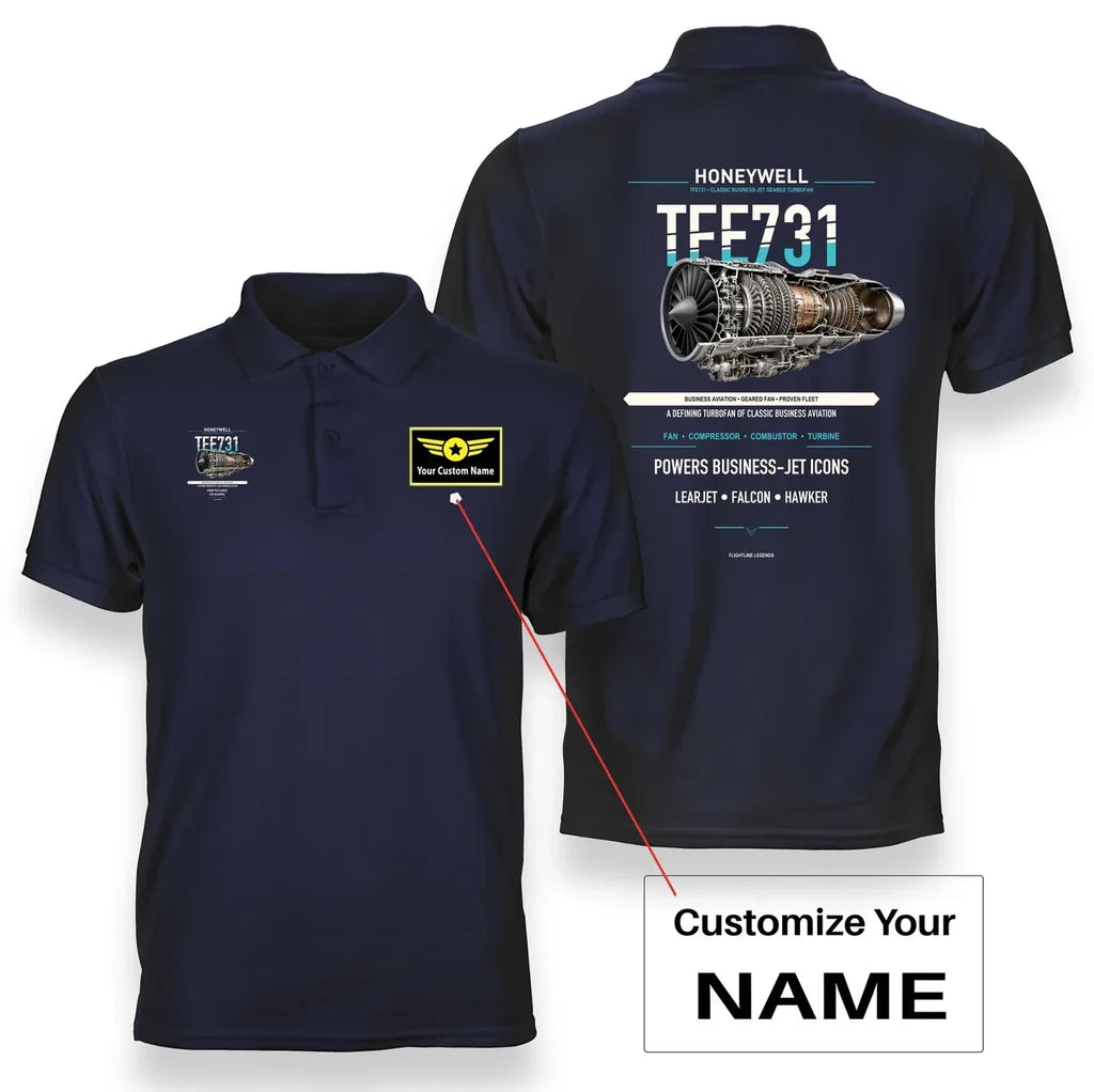 TFE731 design on navy blue polo with custom name badge