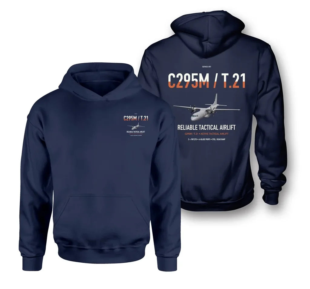 Airbus C295M T.21 design on navy blue double-side hoodie, double-side print