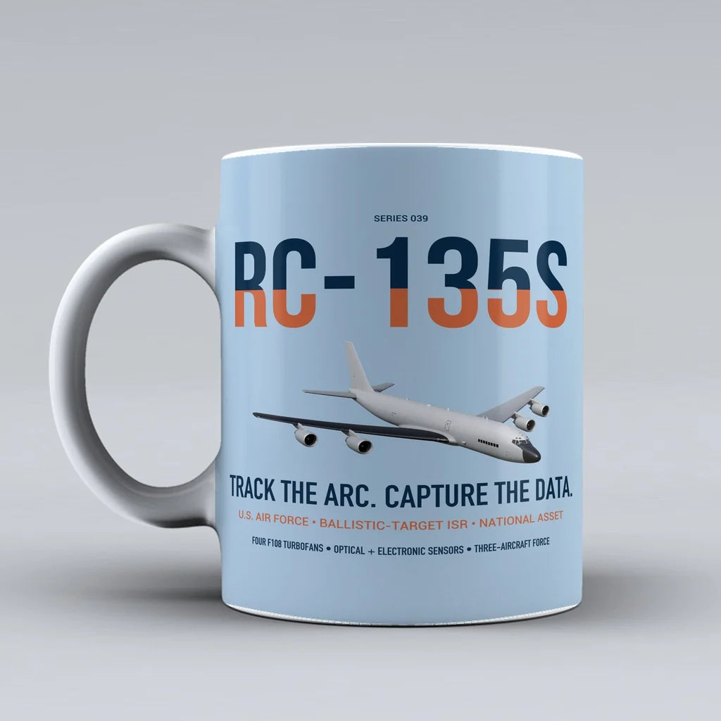 RC-135S Cobra Ball design on light blue ceramic mug, double-side print