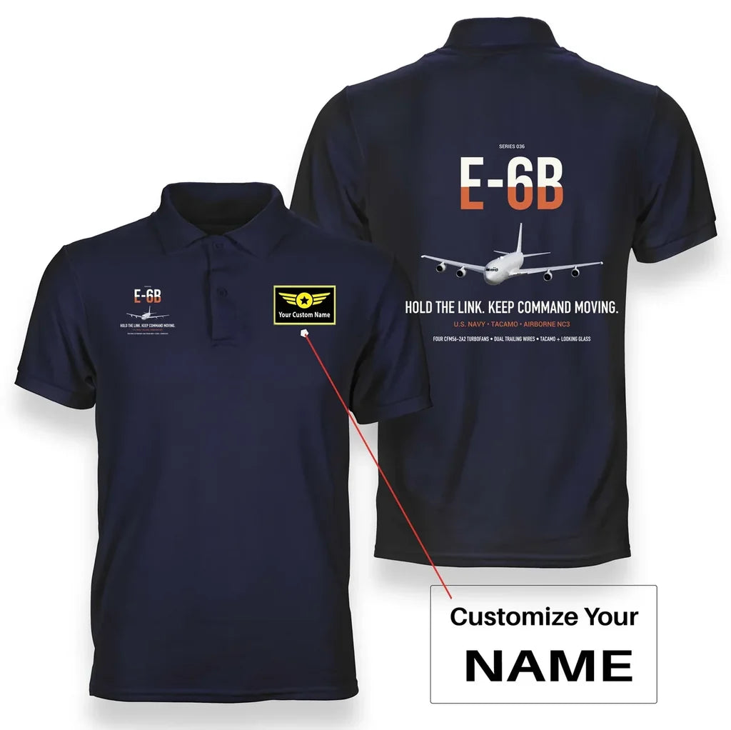 E-6B Mercury design on navy blue+name double-side polo t-shirt, double-side print