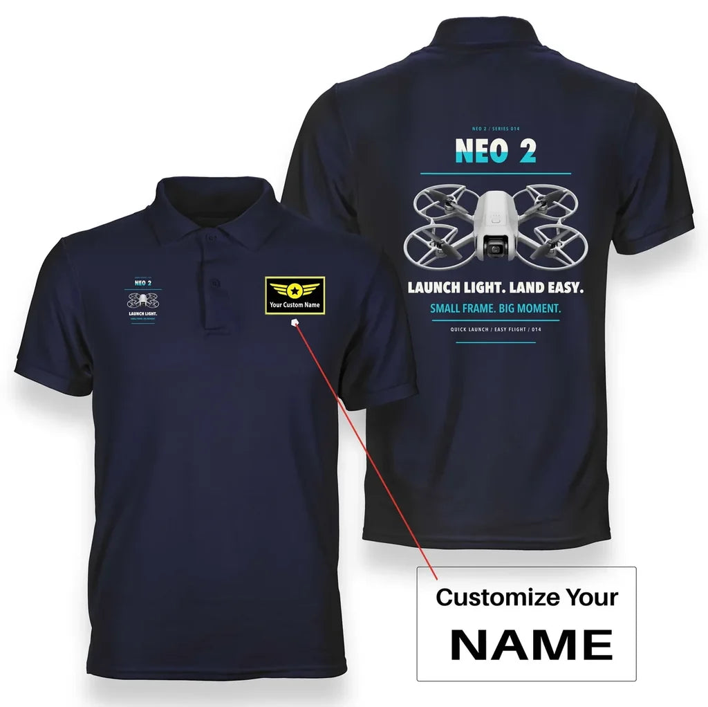 DJI Neo 2 design on navy blue polo with custom name badge