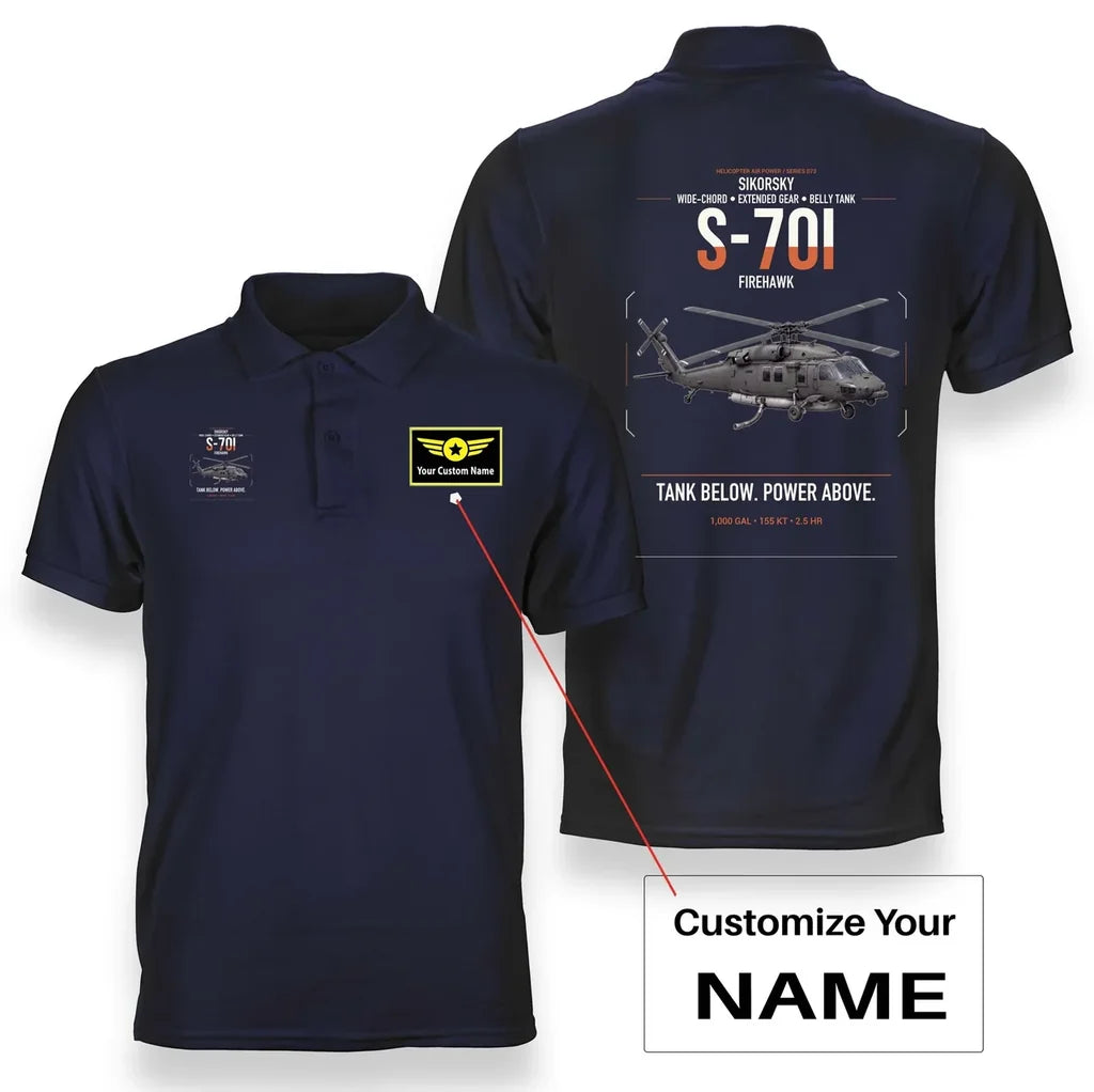 Sikorsky S-70i FIREHAWK design on navy blue+name double-side polo t-shirt, double-side print