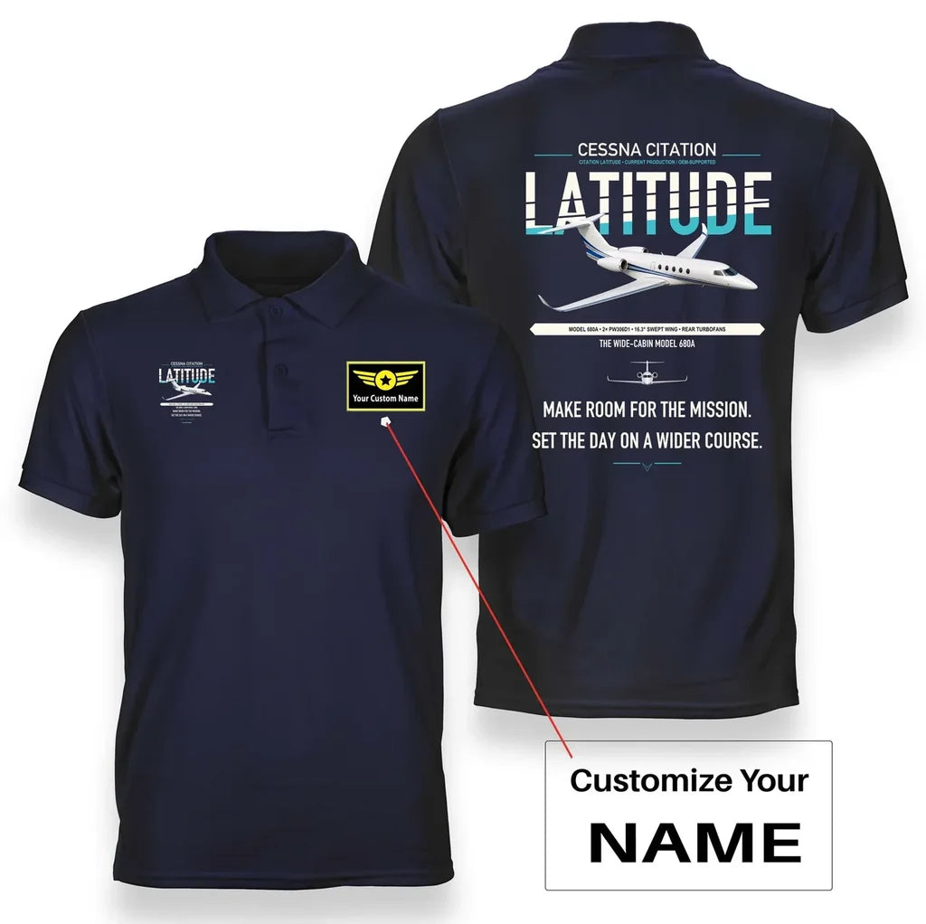 Cessna Citation Latitude design on navy blue+name double-side polo t-shirt, double-side print