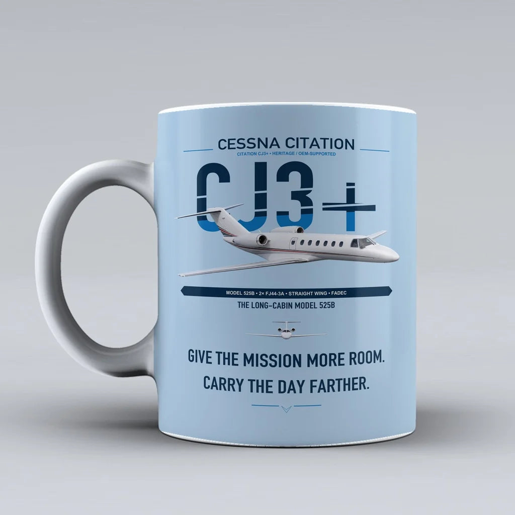Cessna Citation CJ3+ design on light blue ceramic mug, double-side print