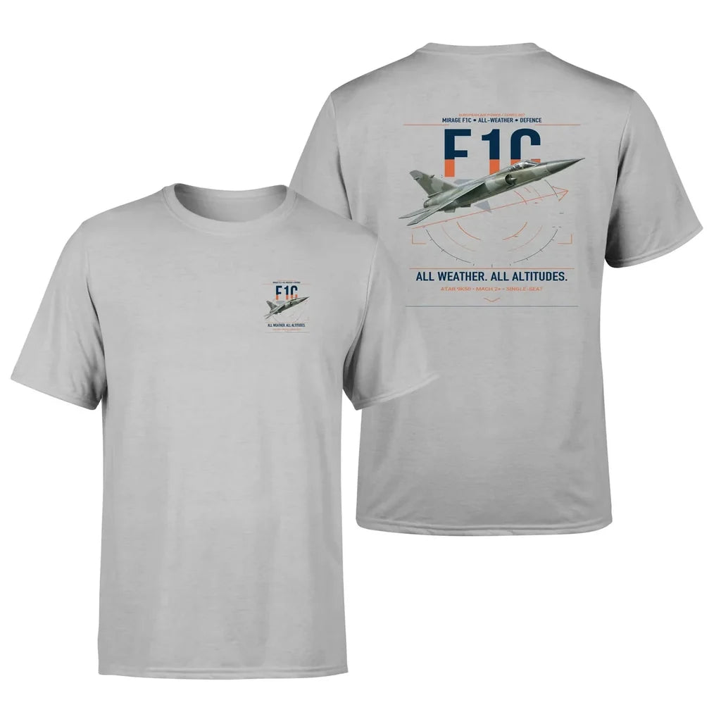 Dassault Mirage F1C design on light gray t-shirt, double-side print