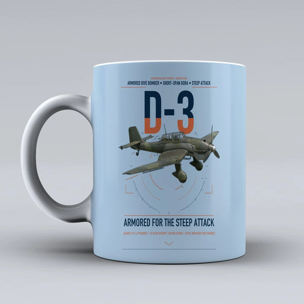 Junkers Ju 87D-3 design on light blue ceramic mug, double-side print