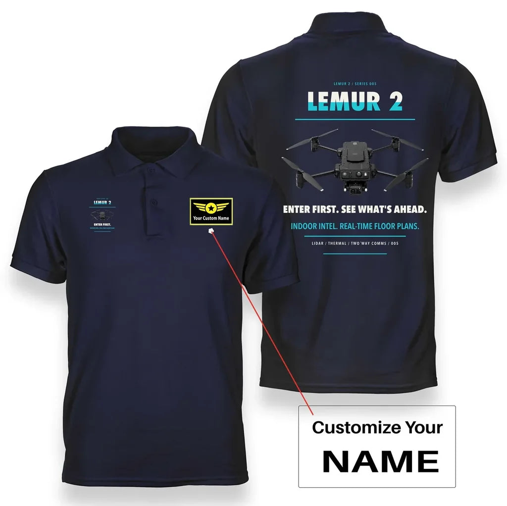 BRINC LEMUR 2 design on navy blue polo with custom name badge