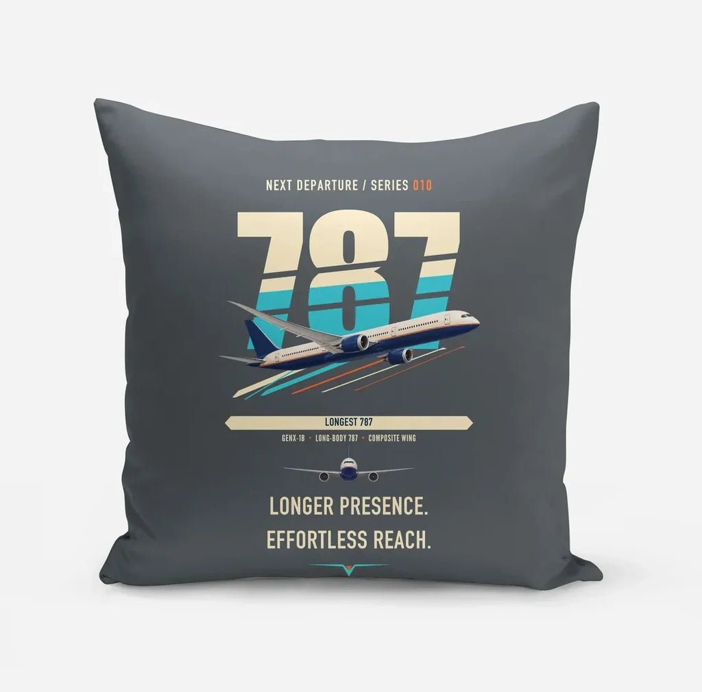 Boeing 787-10 Dreamliner design on gray pillow