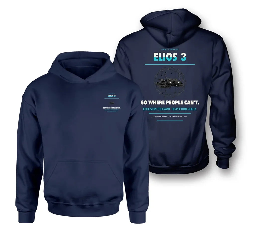 Flyability Elios 3 design on navy blue hoodie