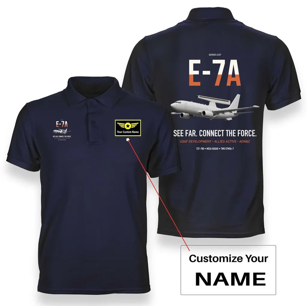 E-7A Wedgetail design on navy blue+name double-side polo t-shirt, double-side print