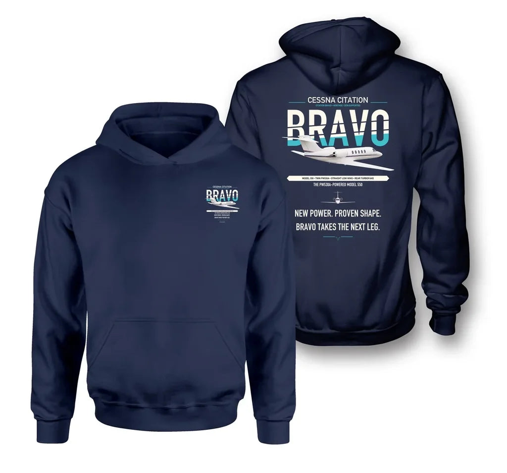 Cessna Citation Bravo design on navy blue double-side hoodie, double-side print