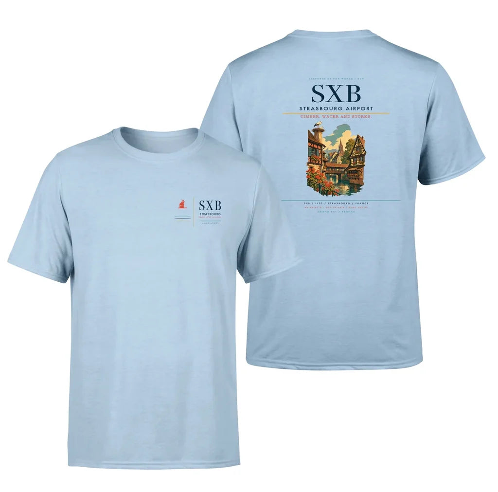 Strasbourg Airport (SXB) design printed on light blue double-side t-shirt