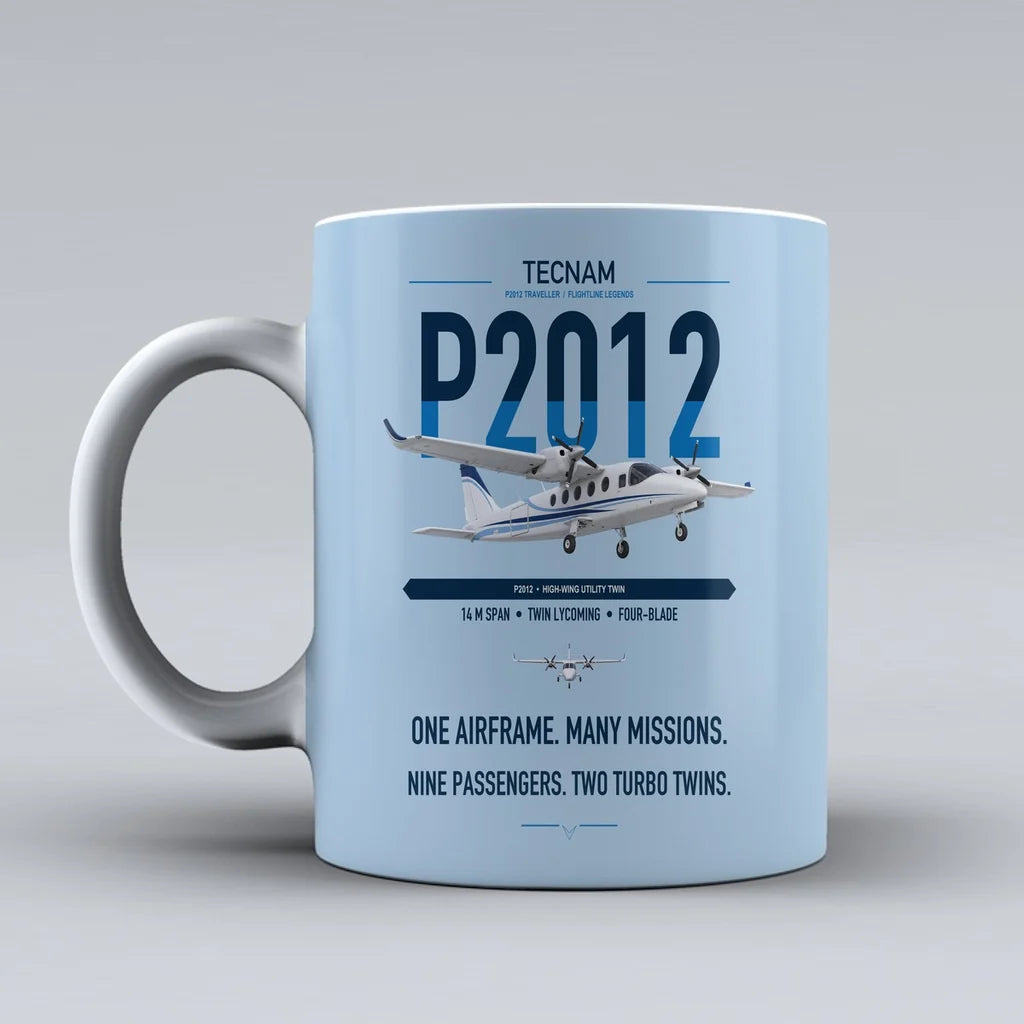 Tecnam P2012 Traveller design on light blue ceramic mug, double-side print