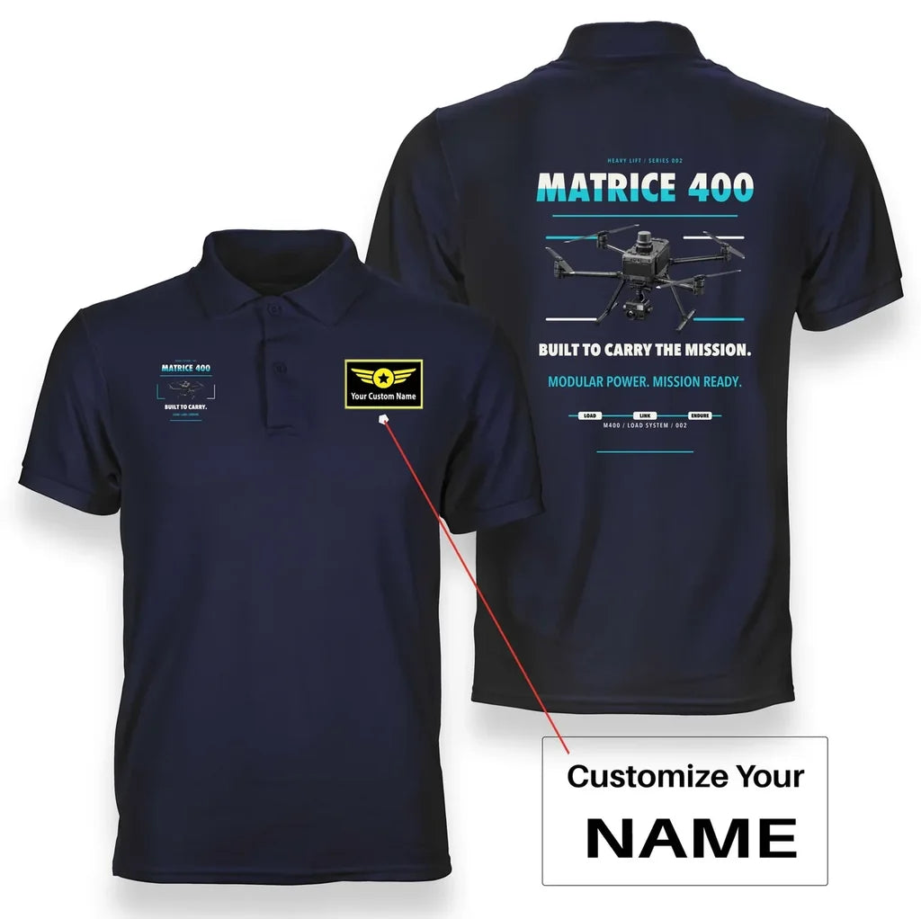 DJI Matrice 400 design on navy blue polo with custom name badge