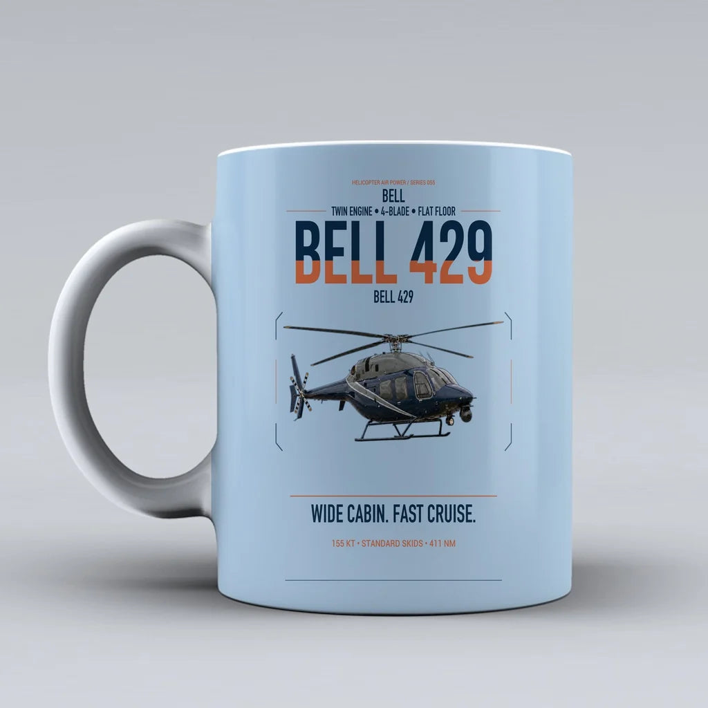 Bell 429 design on light blue ceramic mug, double-side print