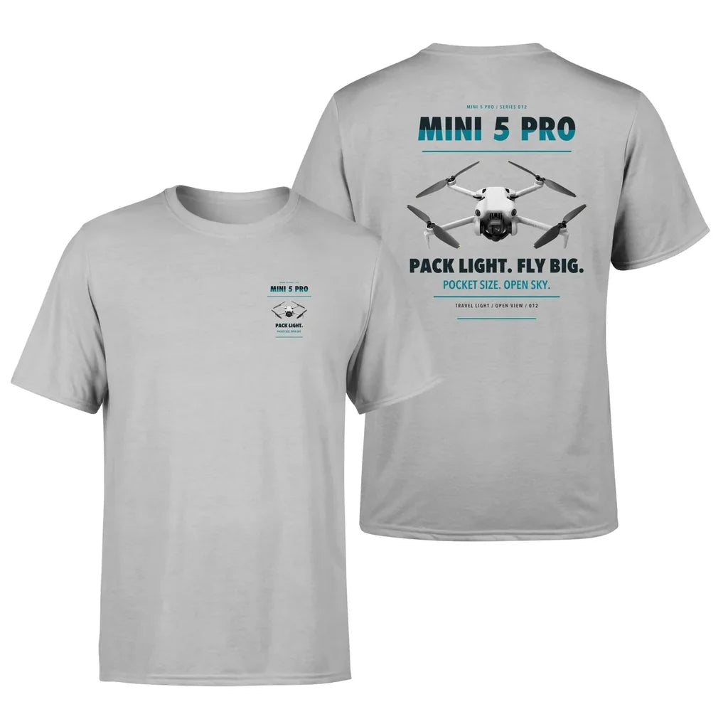 DJI Mini 5 Pro design on light gray t shirt