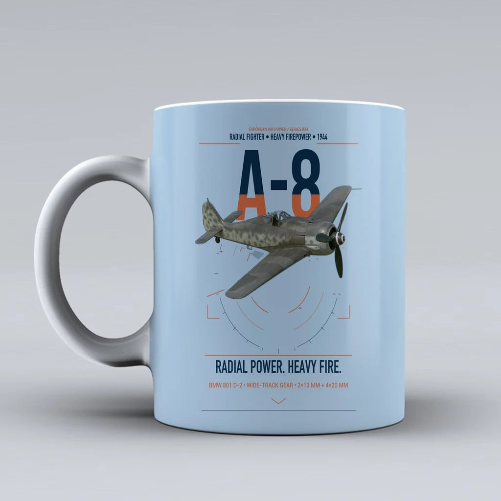 Focke-Wulf Fw 190A-8 design on light blue ceramic mug, double-side print