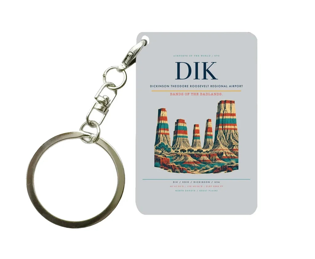 Dickinson Theodore Roosevelt Regional Airport (DIK) design on light gray key chain