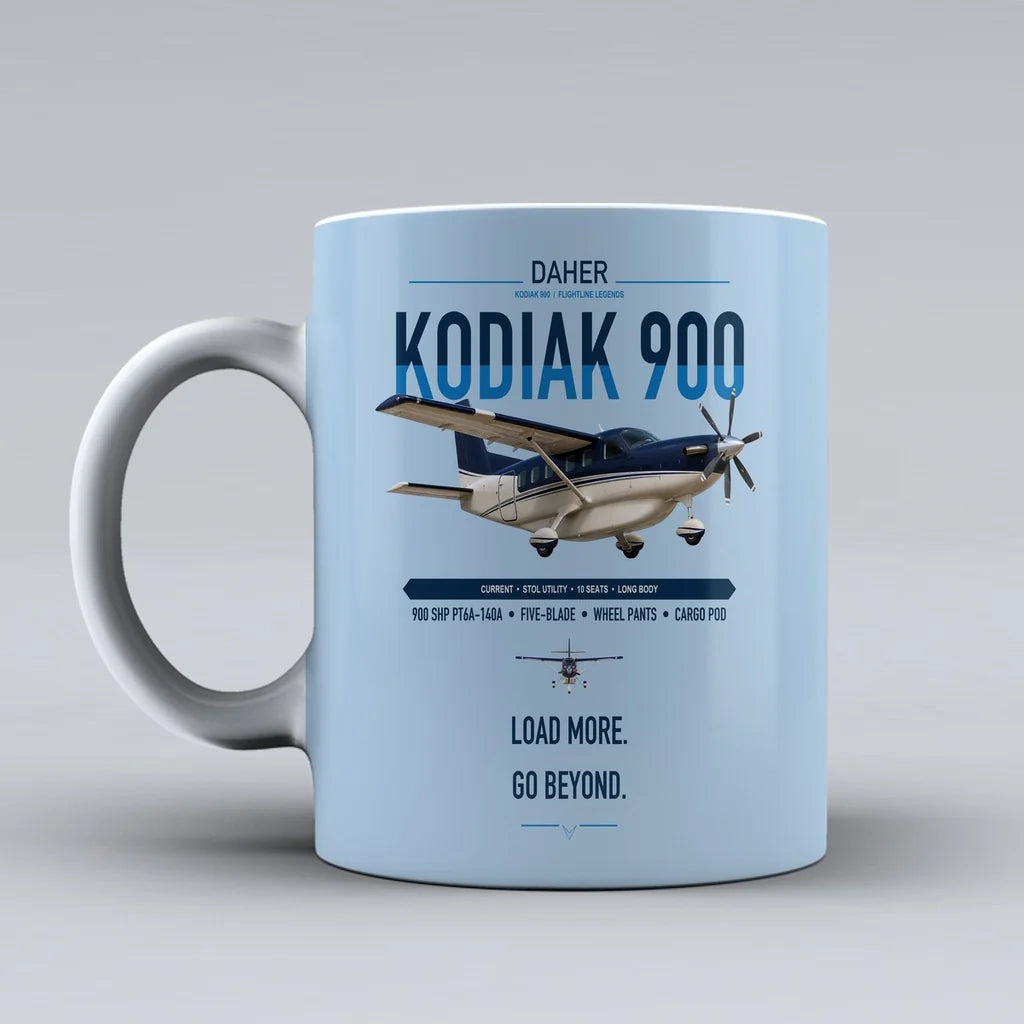 Daher Kodiak 900 design on light blue ceramic mug, double-side print