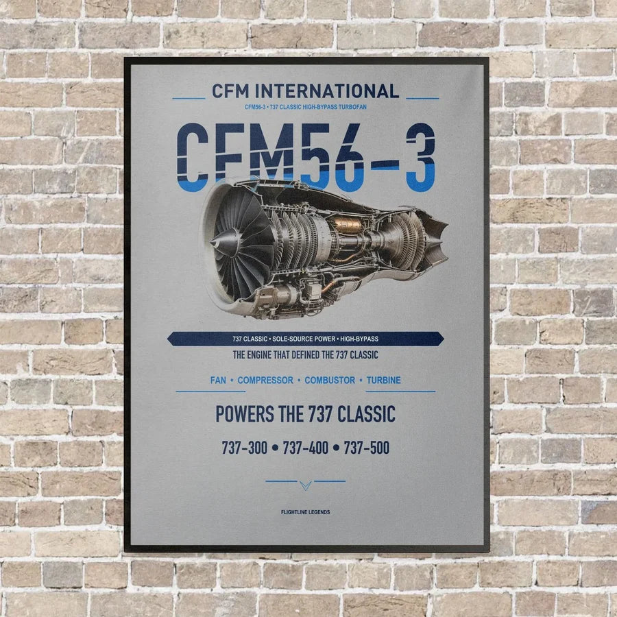 CFM56-3 vertical canvas print - framed - light gray background