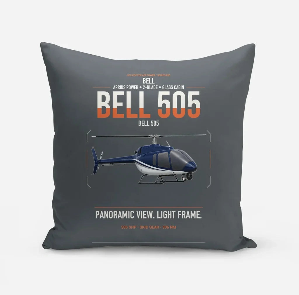 Bell 505 design on gray pillow