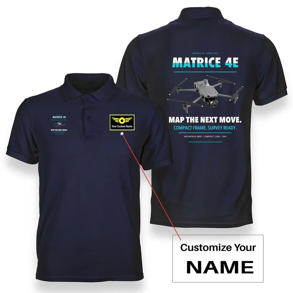 DJI Matrice 4E design on navy blue polo with custom name badge