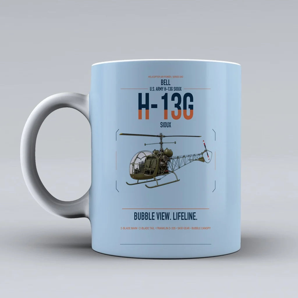 Bell H-13G Sioux design on light blue ceramic mug, double-side print