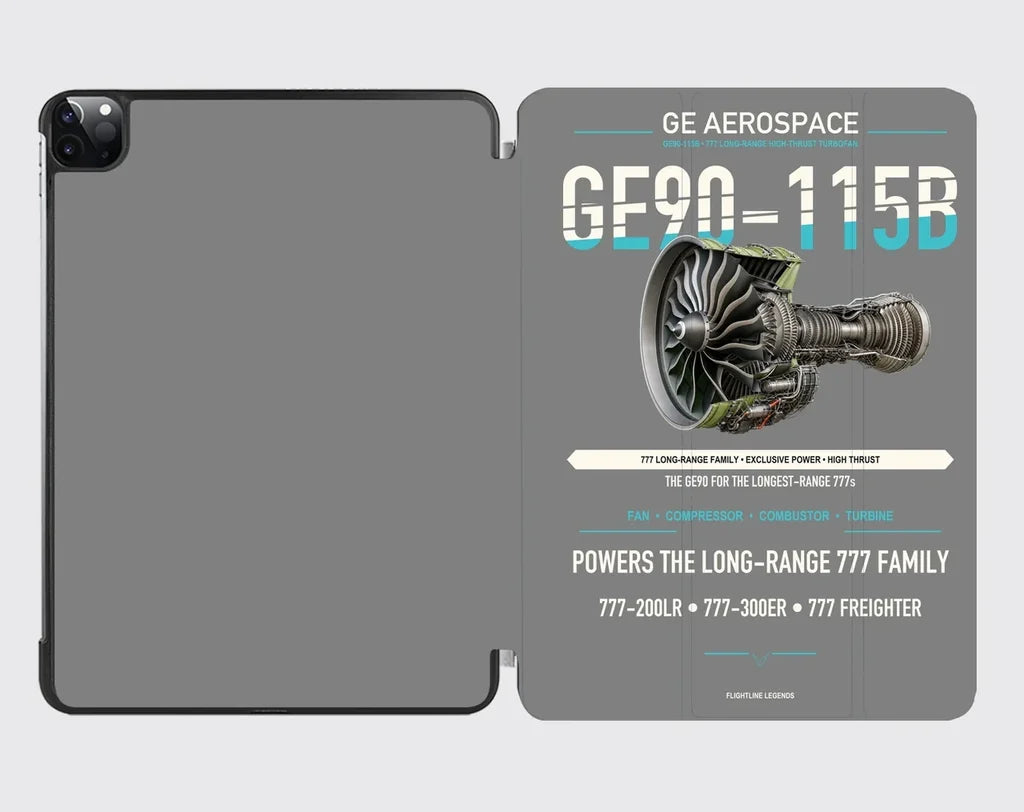 GE90-115B design on gray ipad tablet case