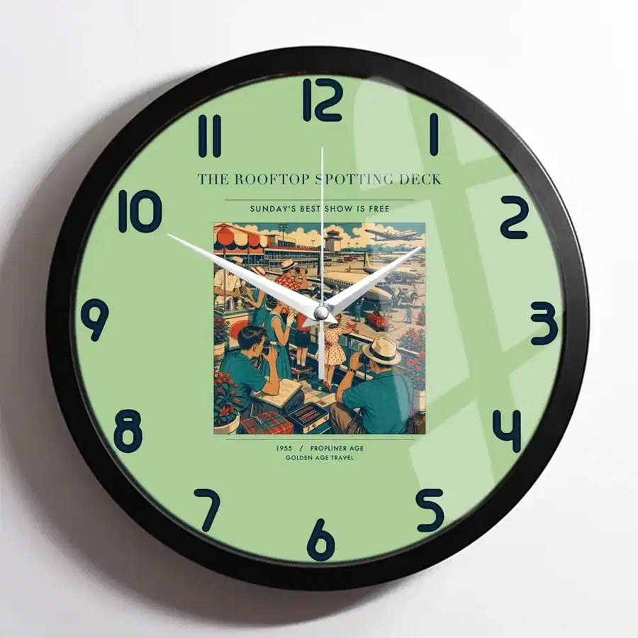 VINTAGE G4221 - The Rooftop Spotting Deck - Designed Wall Clocks design on lightgreen framed