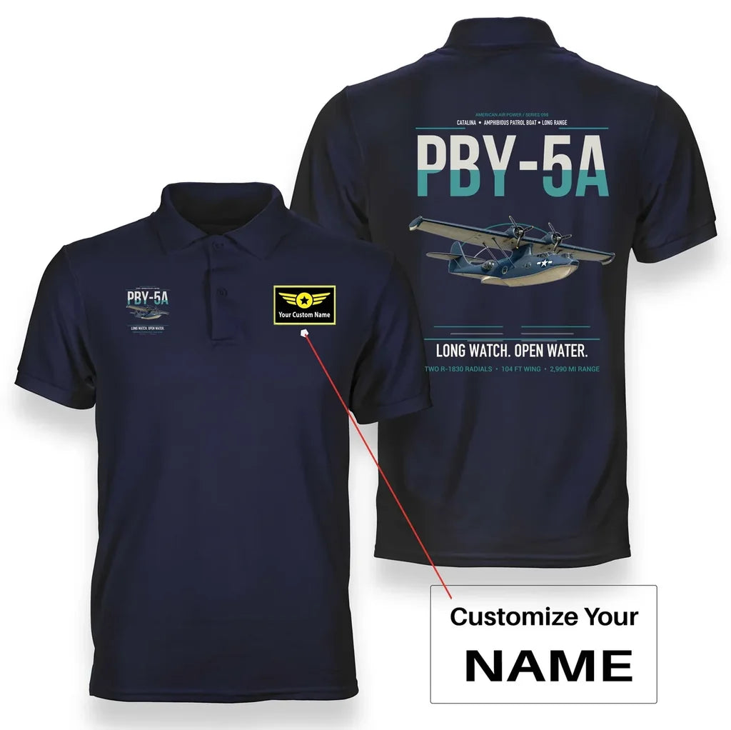 PBY-5A Catalina design on navy blue+name double-side polo t-shirt, double-side print