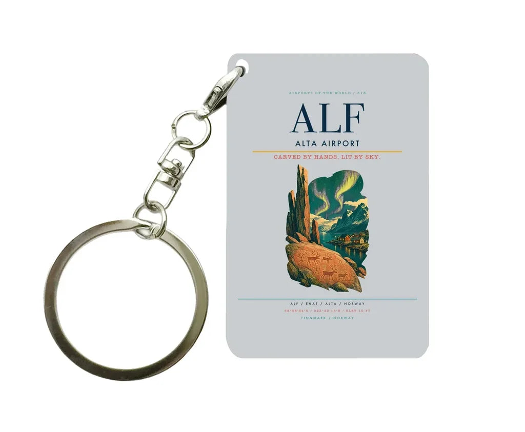 Alta Airport (ALF) design on light gray key chain