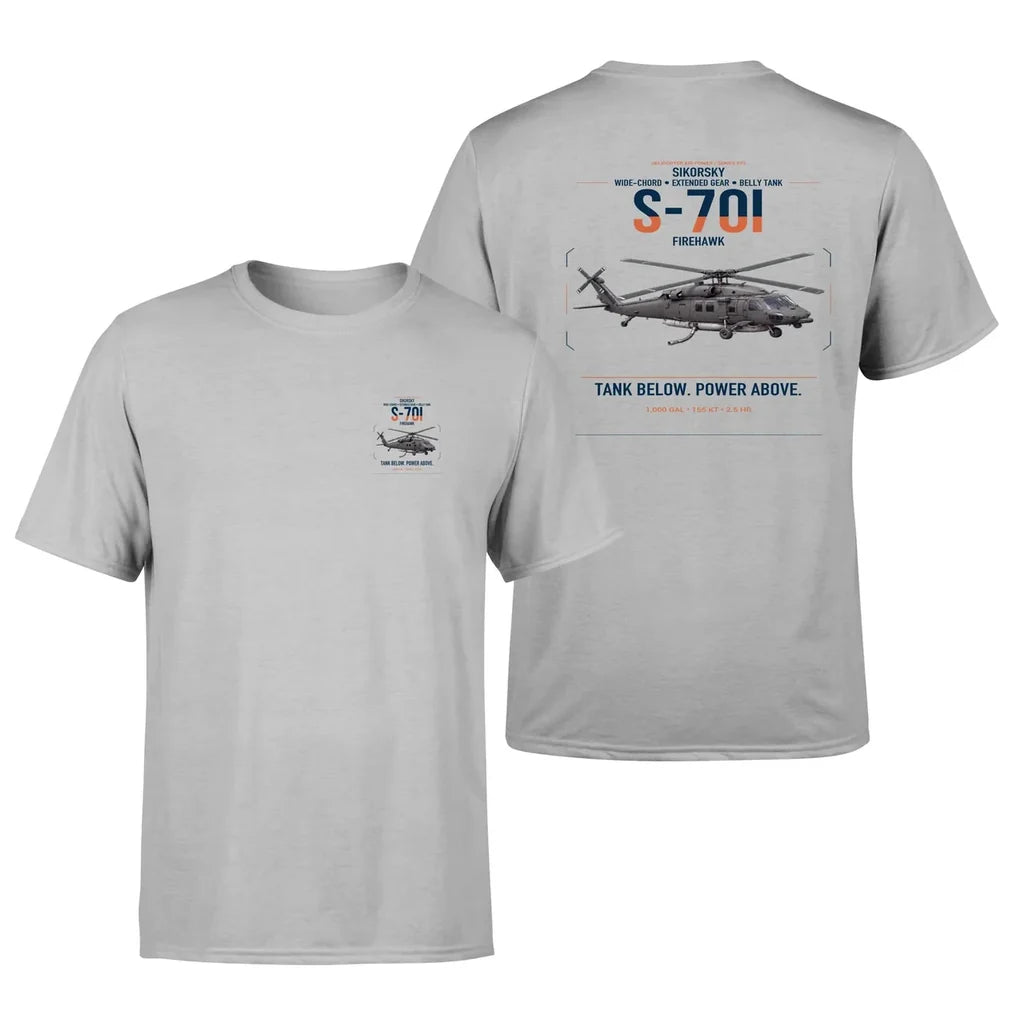 Sikorsky S-70i FIREHAWK design on light gray t-shirt, double-side print