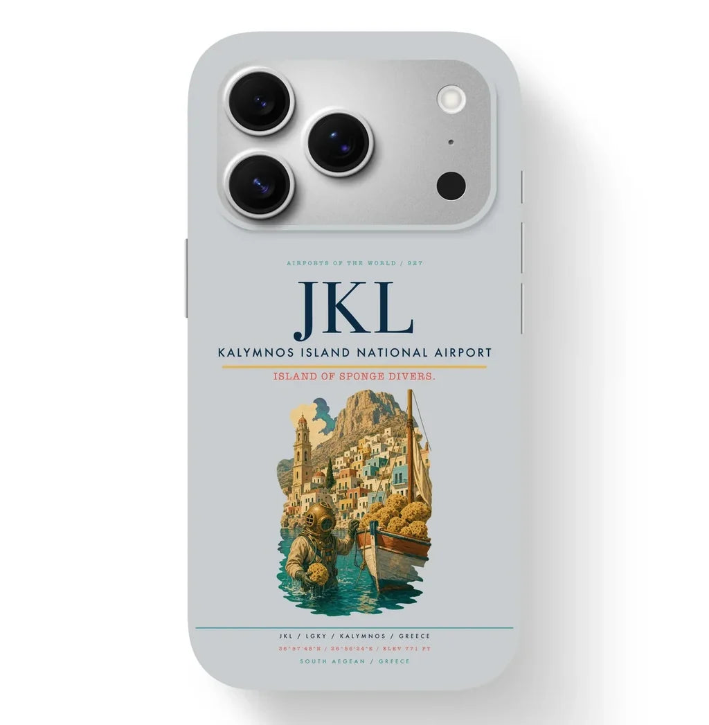 Kalymnos Airport (JKL) design on light gray iPhone 17 Pro MagSafe case