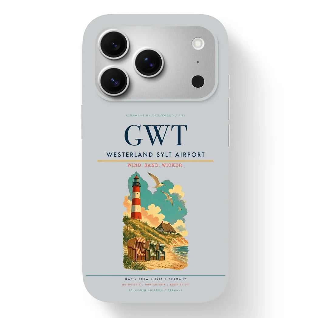 Westerland Airport (GWT) design on light gray iPhone 17 Pro MagSafe case