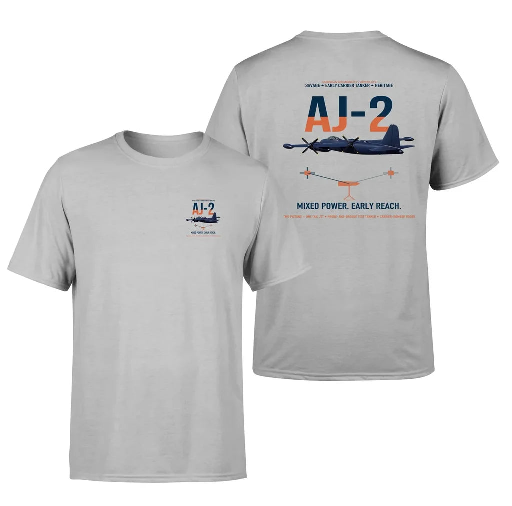 AJ-2 Savage Tanker design on light gray double-side t-shirt, double-side print