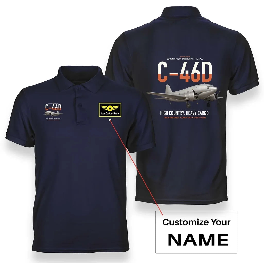 C-46D Commando design on navy blue+name double-side polo t-shirt, double-side print