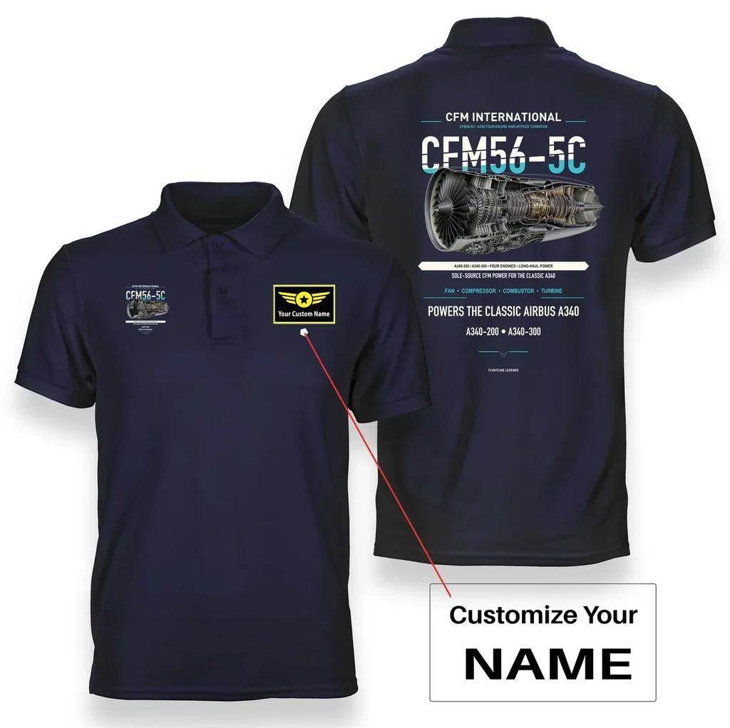 CFM56-5C design on navy blue polo with custom name badge