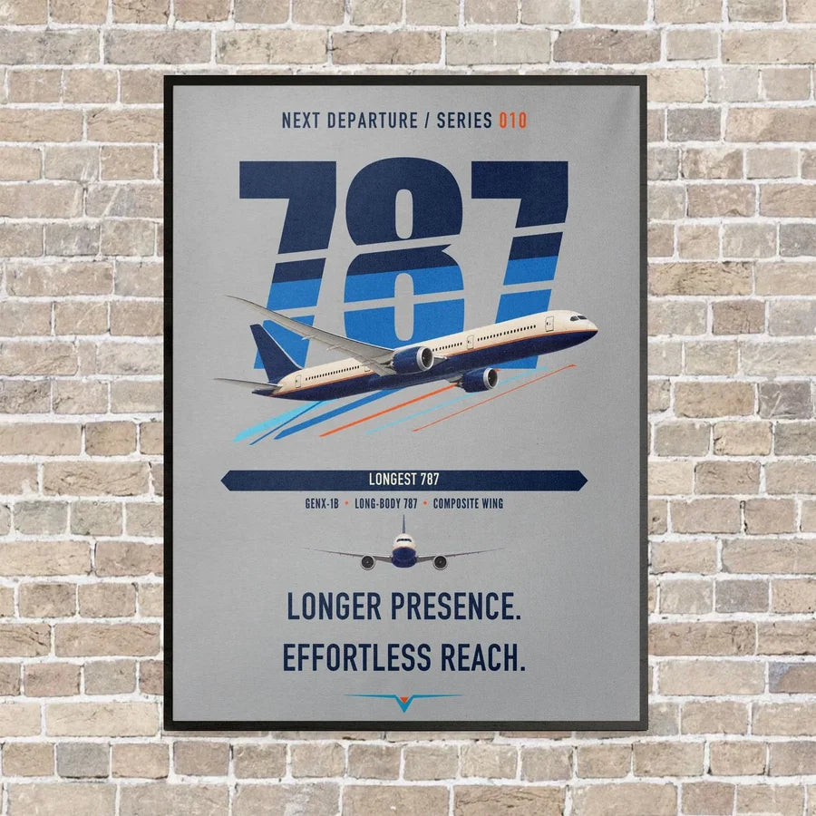 Boeing 787-10 Dreamliner vertical canvas print - framed - light gray background