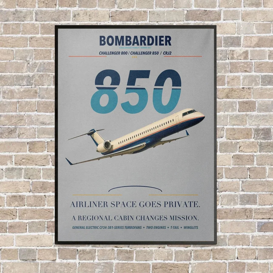 Bombardier Challenger 850 vertical canvas print - framed - light gray background