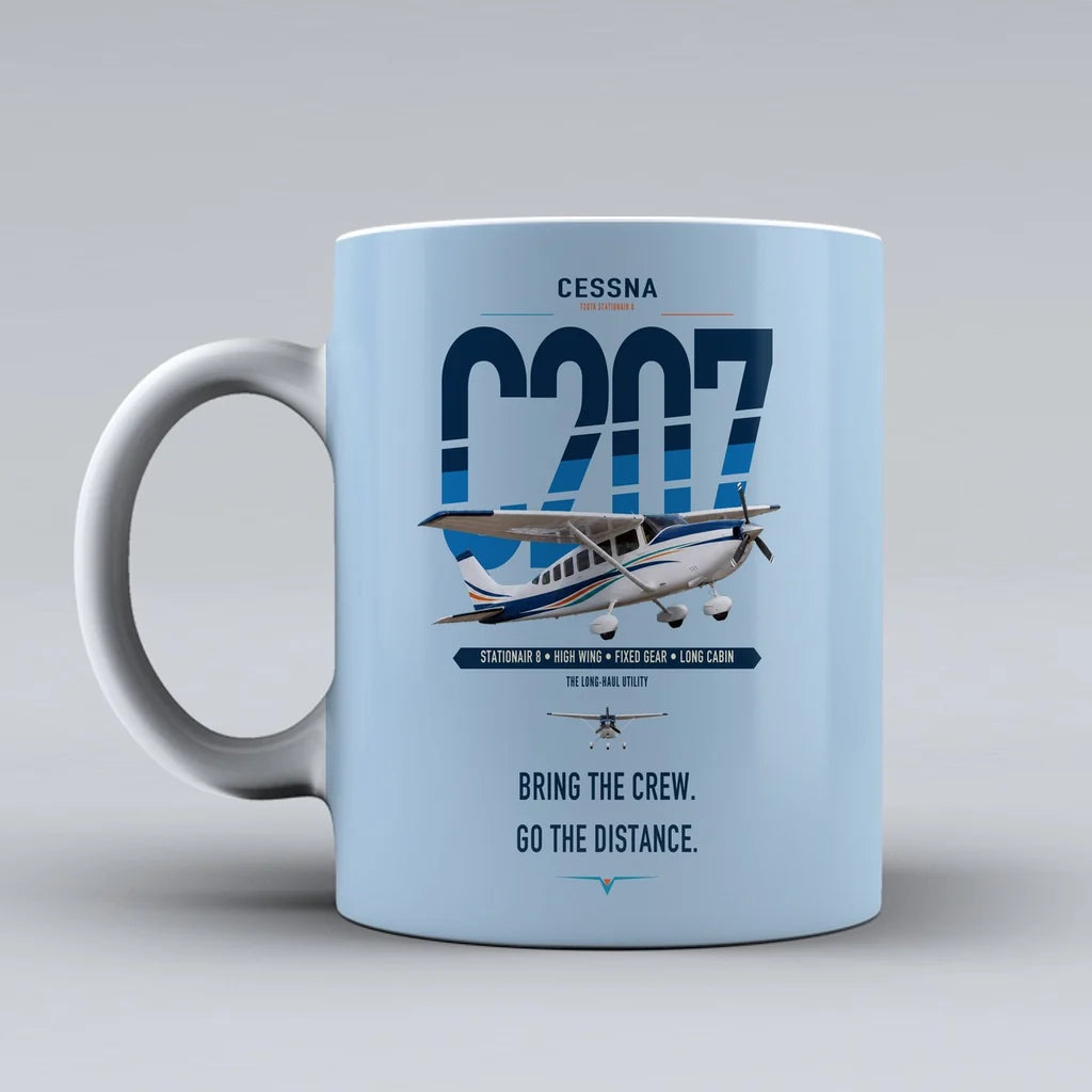 Cessna T207A Stationair 8 design on light blue ceramic mug, double-side print