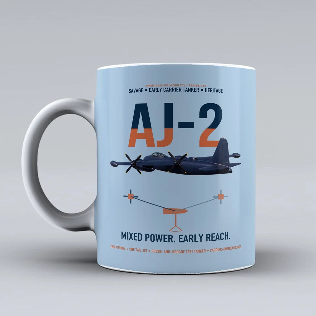 AJ-2 Savage Tanker design on light blue ceramic mug, double-side print