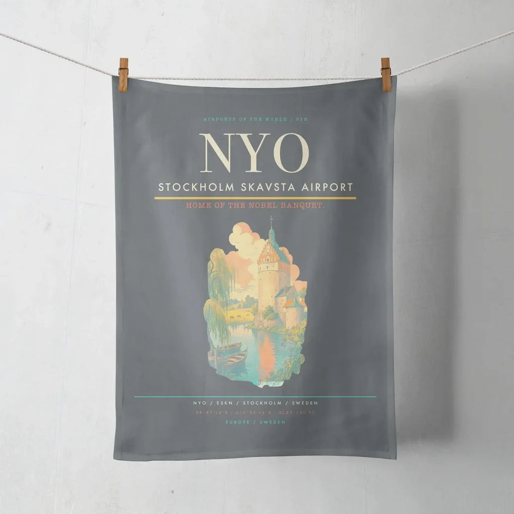 Stockholm Skavsta Airport (NYO) design on gray towel
