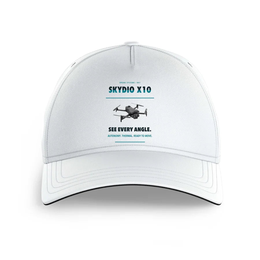 Skydio X10 design on white printed hat