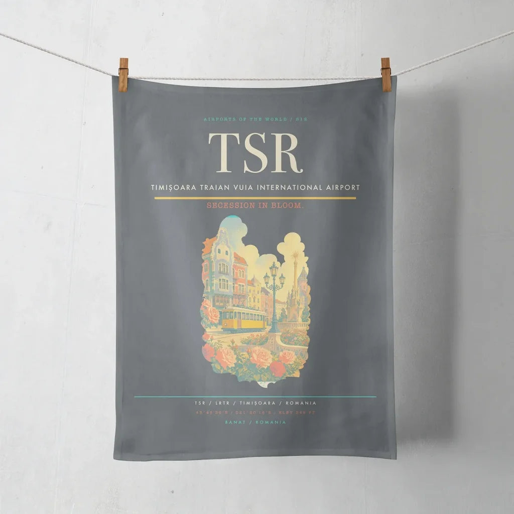 Timișoara Traian Vuia International Airport (TSR) design on gray towel