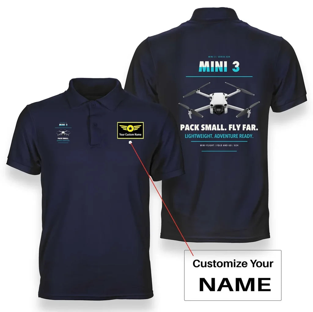 DJI Mini 3 design on navy blue polo with custom name badge