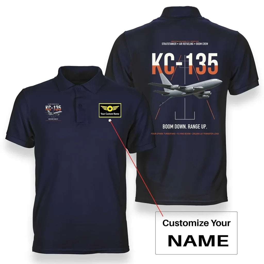 KC-135 STRATOTANKER design on navy blue+name double-side polo t-shirt, double-side print