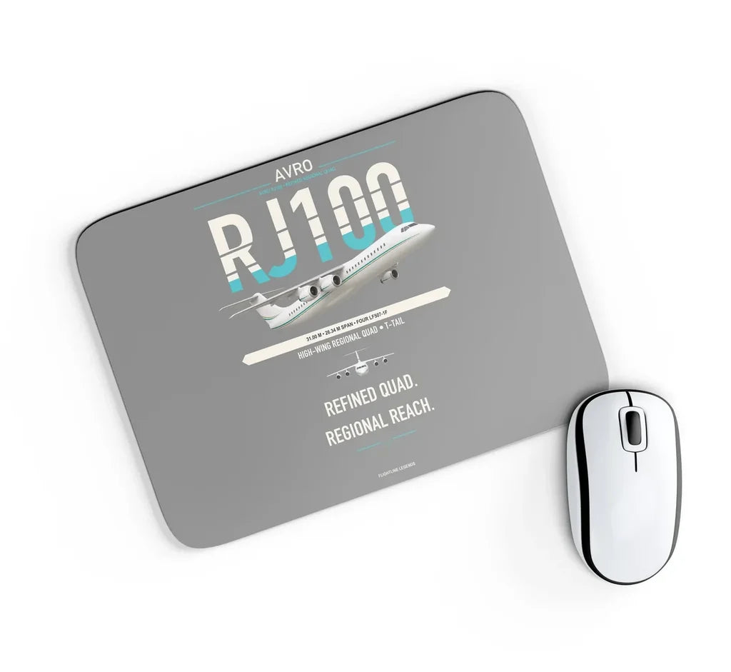 Avro RJ100 design on gray rectangle mouse pad