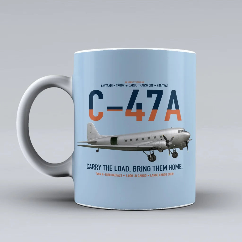 C-47A Skytrain design on light blue ceramic mug, double-side print